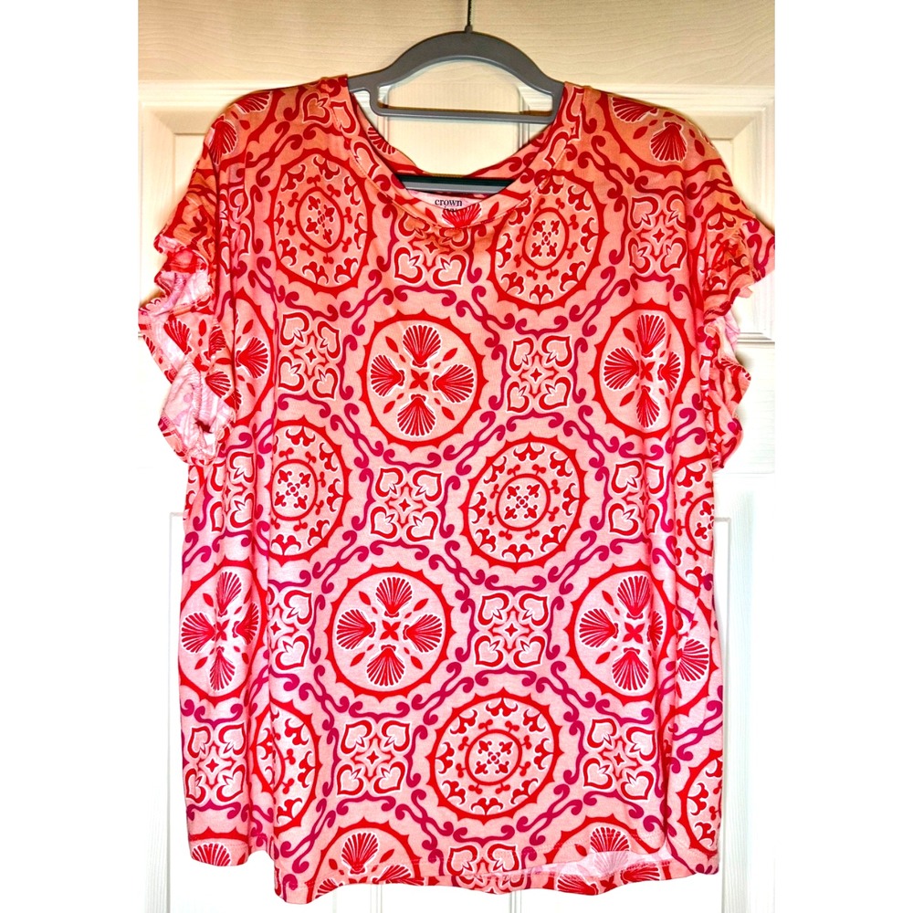 Crown & Ivy Coral & Pink Ruffle Sleeve Shirt Large